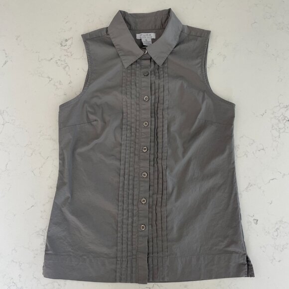 Pure Alfred Sung Sleeveless Button Down Pleat Detailed Cotton Blouse Grey Sz S - Picture 10 of 10
